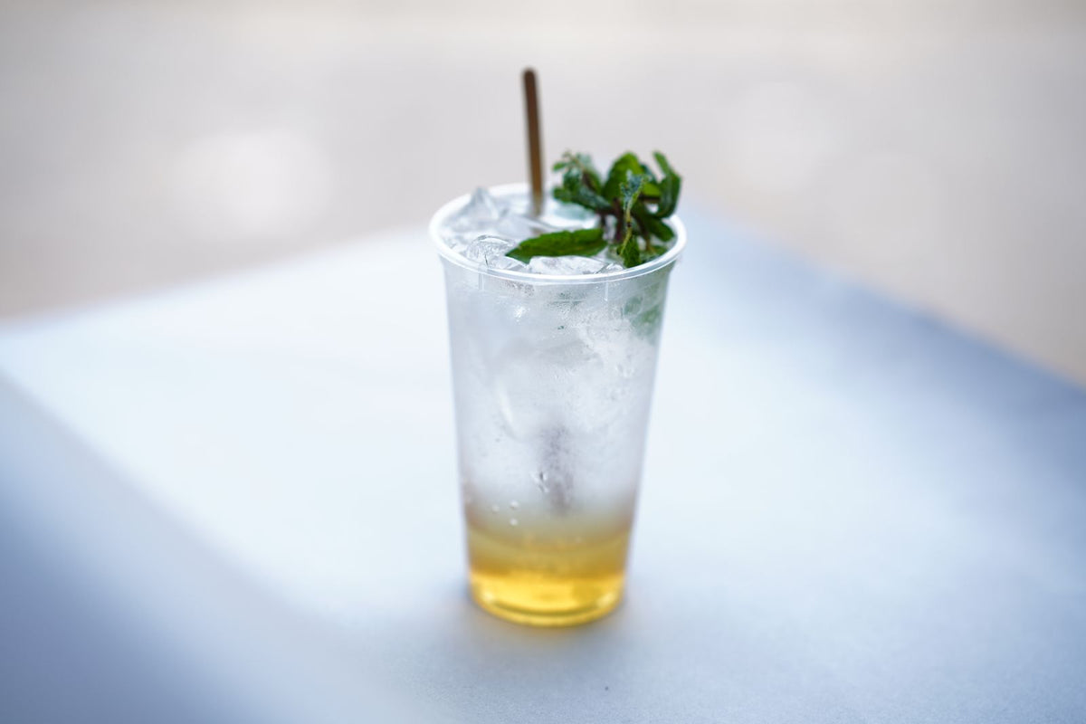 Iced cocktail with mint garnish in plastic cup