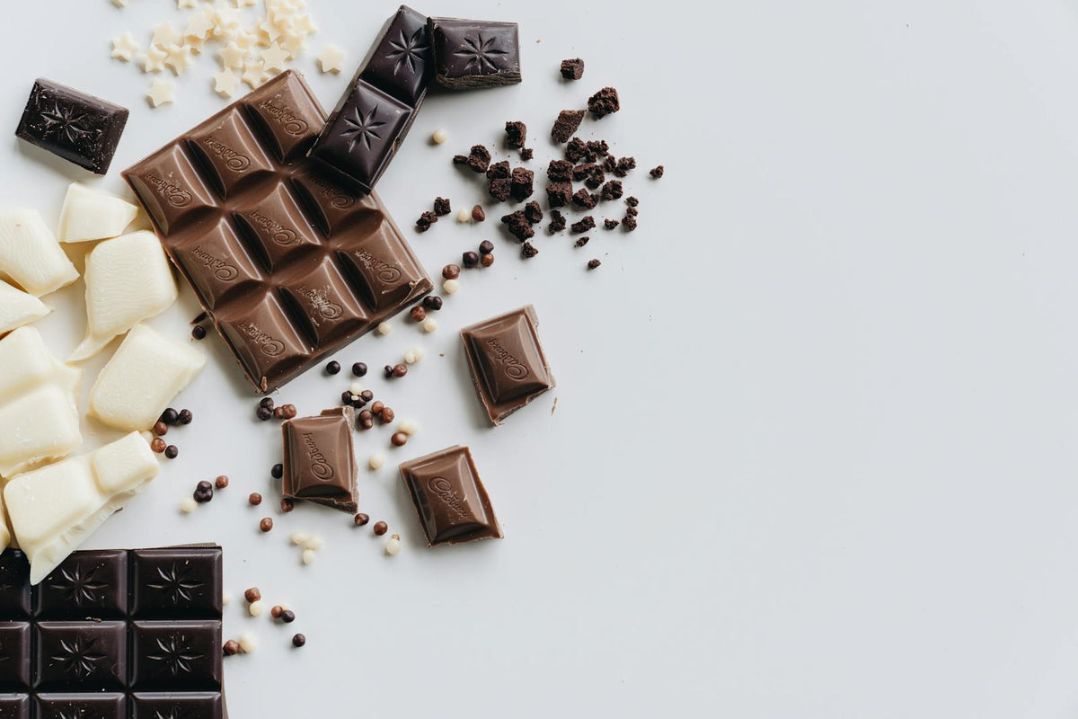 Assorted white, milk, and dark chocolate bars