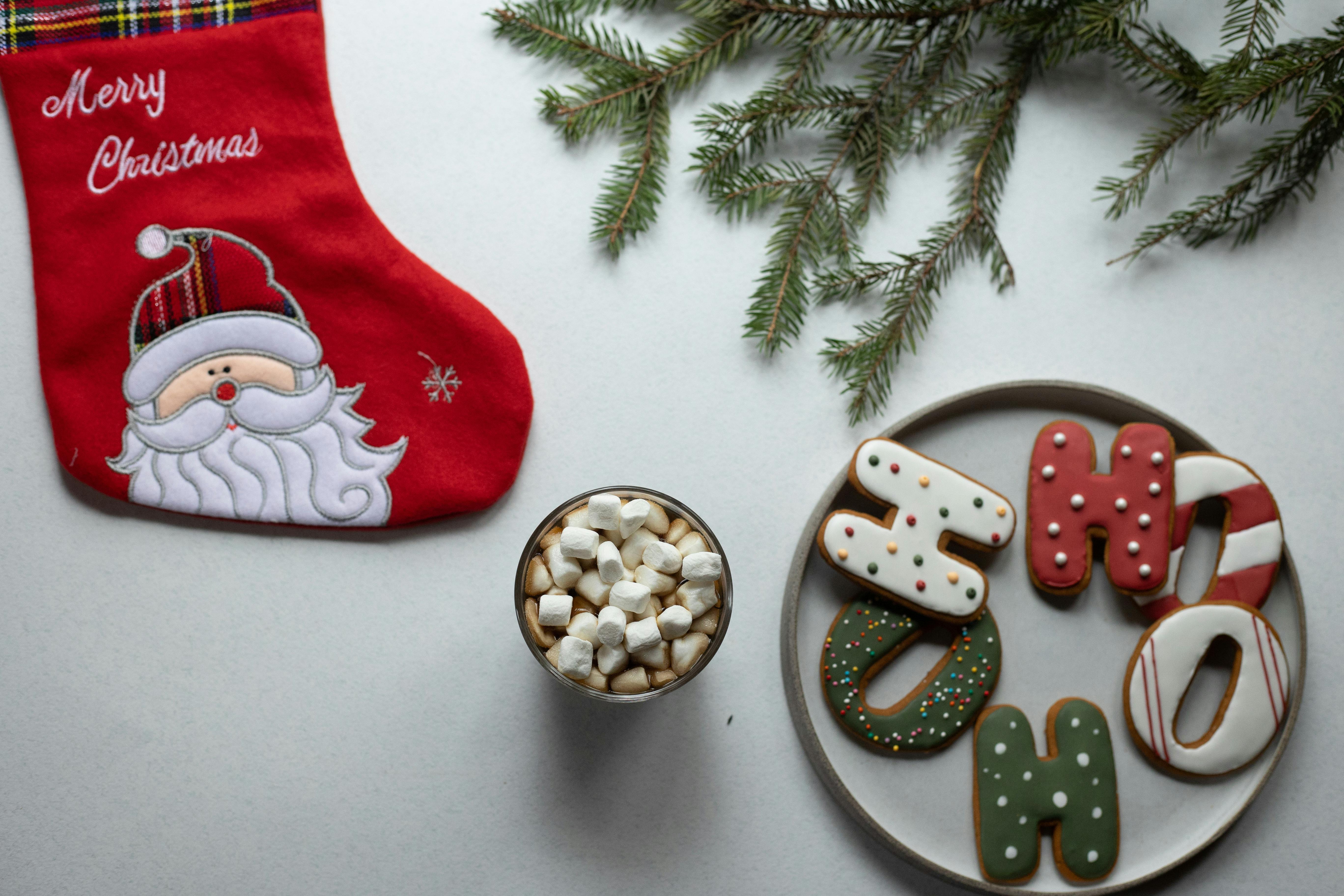 Christmas stocking and cookies with hot cocoa