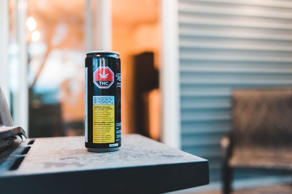 THC labeled can on patio table