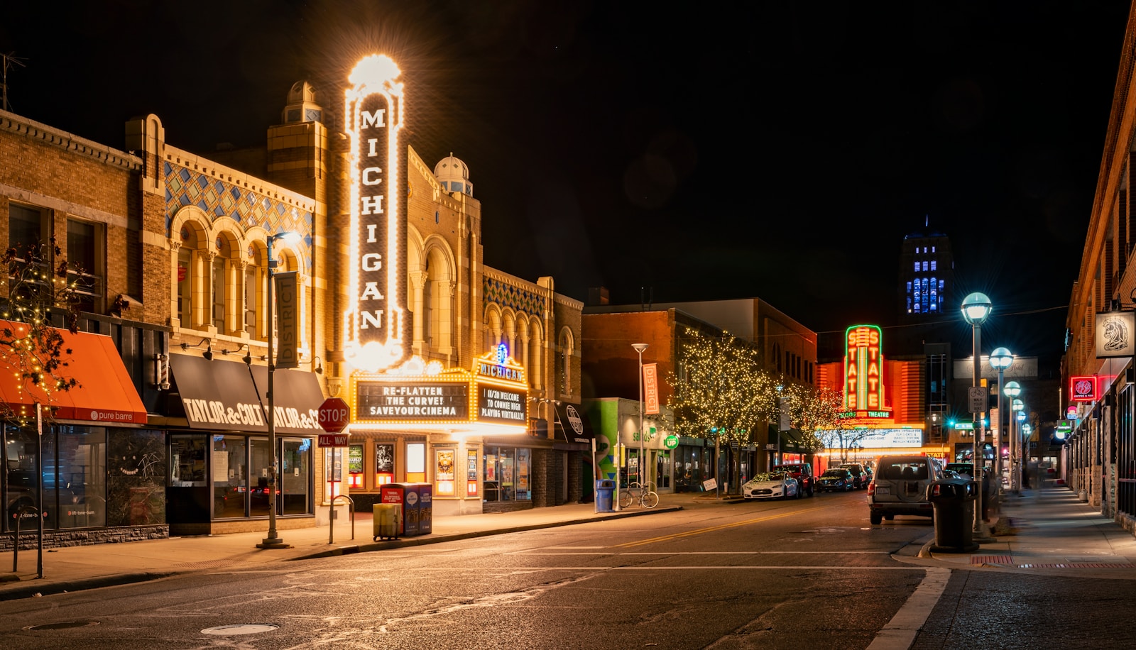 Downtown Michigan theater district at night