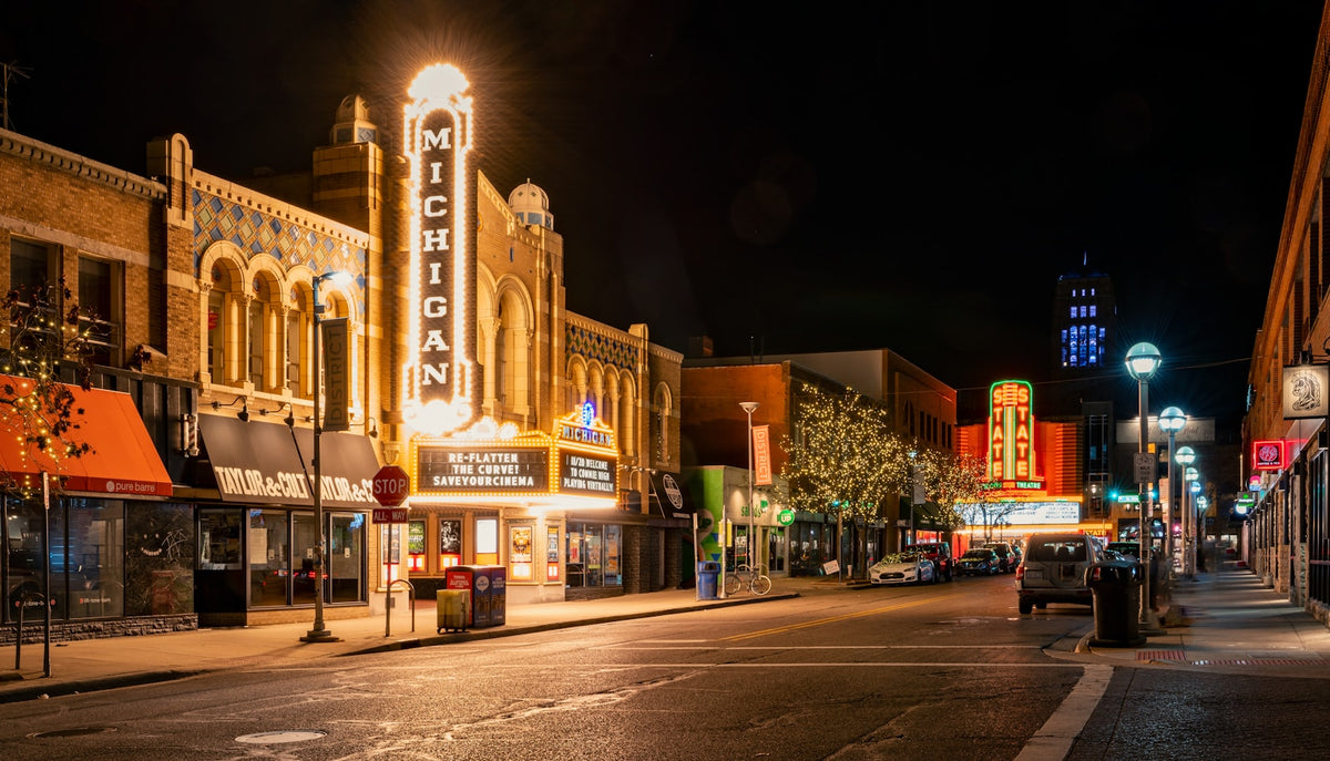 Downtown Michigan theater district at night