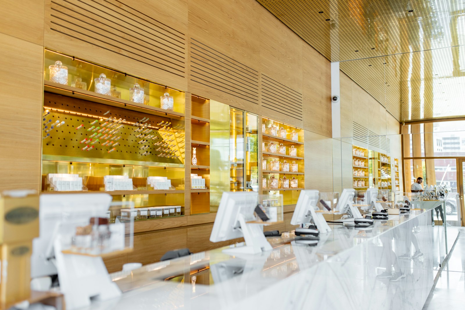 Modern dispensary interior with glass displays