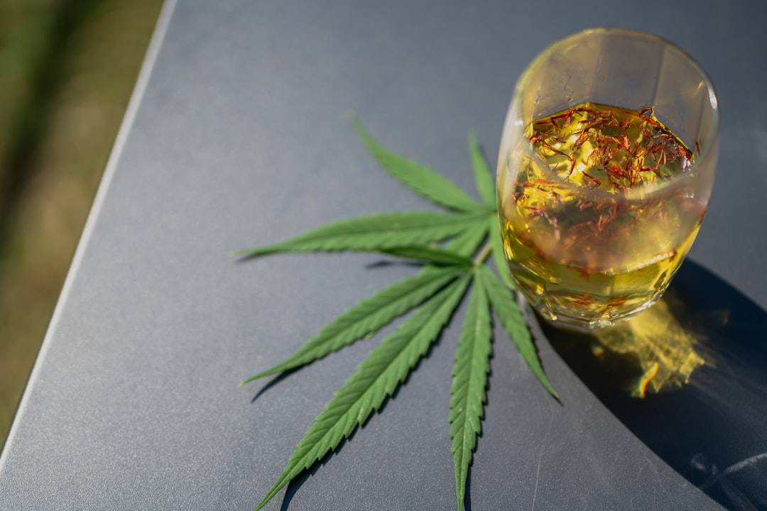 Glass of yellow drink beside cannabis leaf