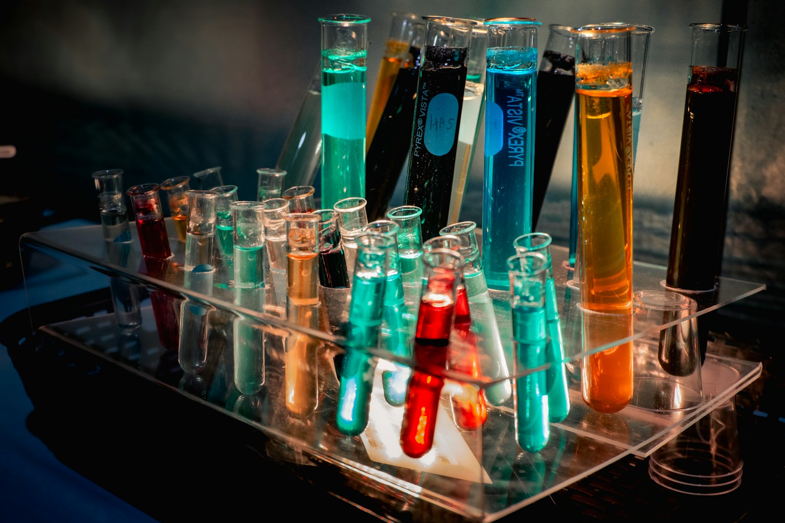 Colorful liquids in laboratory test tubes